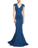 Cap-Sleeve Floral-Print Gown, Royal Blue