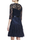 3/4-Sleeve Lace Overlay Cocktail Dress, Navy