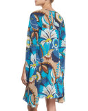 Sleeveless Floral Silk Cape Dress, Peacock