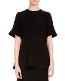 Flutter-Sleeve Jewel-Neck Blouse, Black