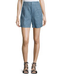 High-Rise Linen Chambray Shorts, Denim