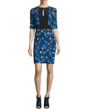Half-Sleeve Printed Sheath Dress with Keyhole, Multi