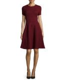 Short-Sleeve Seamed Picot-Knit Dress, Crimson