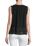 Cici Dot-Print Sleeveless Ruffle Top, Black