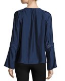 Astrid Satin Bell-Sleeve Top, Navy