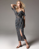 Ruched Floral Silk Cold-Shoulder Midi Dress, Black