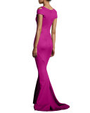 Cold-Shoulder V-Neck Mermaid Gown, Magenta