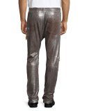 Silver-Coated Drawstring Moto Pants, Brown