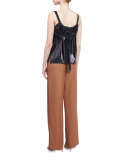 Smocked Leather Camisole, Navy