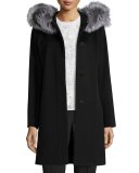 Hooded Wool Fur-Trim Coat, Black