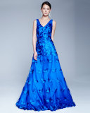 Sleeveless Floral-Appliqué A-Line Gown, Blue