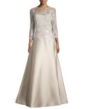 3/4-Sleeve Embellished Ball Gown, Champagne