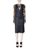 Metallic Lace-Overlay Column Dress, Black/Navy