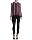 Buffy Long-Sleeve Striped & Floral-Print Silk Blouse, Multi