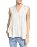 Regimental-Striped Silk V-Neck Top, White/Tan