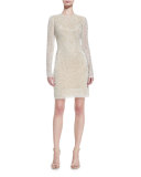 Beaded Jewel-Neck Long-Sleeve Cocktail Dress, Ivory