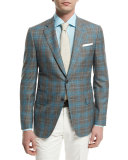 Plaid-Windowpane Two-Button Jacket, Gray/Aqua