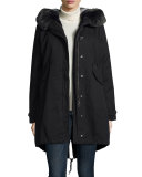 Literary Fur-Trim Cotton Parka Coat, Black