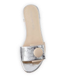 Buttoni Crocodile-Embossed Slide Sandal, Silver/Beige