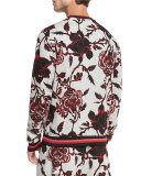Floral-Print Crewneck Sweatshirt with Striped Trim, Gray