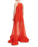 Gracie Sleeveless Long Sheer Maxi Dress, Red-Orange