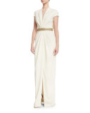 Embroidered-Waist Cap-Sleeve Gown, Ivory