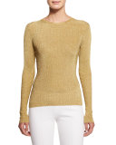 Long-Sleeve Jewel-Neck Metallic Top, Gold