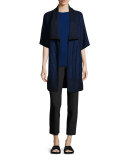 Ribbed Jewel-Neck Short-Sleeve Sweater, Caviar/Azzurine