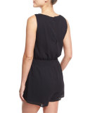 Lace-Up Cotton Gauze Romper with Tassel Ties, Black