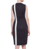 Sleeveless Contrast-Stripe Sheath Dress, Black/Cream