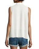Pleated Sleeveless Tie-Neck Blouse, Off White