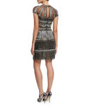 Cap-Sleeve Deco Fringe-Skirt Mini Dress, Silver/Black