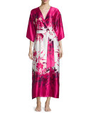 Floral-Print Charmeuse Long Wrap Robe, Fuchsia Print