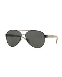 Metal Check-Trim Aviator Sunglasses, Matte Black