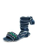 Jeweled Denim Lace-Up Sandal, Blue Pattern