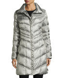 Hooded Herringbone Down Coat, Platinum