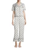 Faux-Quilted Print Cropped Two-Piece Pajama Set, White