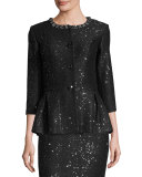 Sequined 3/4-Sleeve Peplum Jacket, Caviar