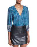 Rinjani Printed Split-Neck Top, Deep Marine