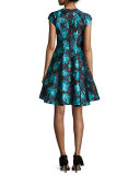 Cap-Sleeve Floral Jacquard Fit-and-Flare Dress, Blue Topaz