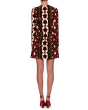 Long-Sleeve Cuban-Flower A-Line Mini Dress, Multi