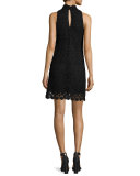 Sleeveless Mock-Neck Floral Lace Shift Dress, Black