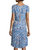 Abstract Watercolor-Shaped Print Dress, Marine Blue