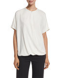 Short-Sleeve Wrap-Front Silk Top