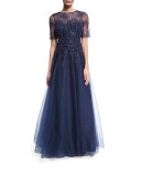 Beaded Lace & Tulle Gown, Navy