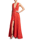 Francis Sleeveless V-Neck Flared Lace Gown 