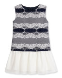 Sleeveless Jacquard & Tulle Shift Dress, Navy, Size 5-8