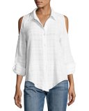 Natalia Gauze Check Cold-Shoulder Shirt, White