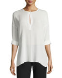 Keyhole-Front Long-Sleeve Silk Blouse