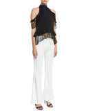 Flat-Front Flare-Leg Pants, Ivory